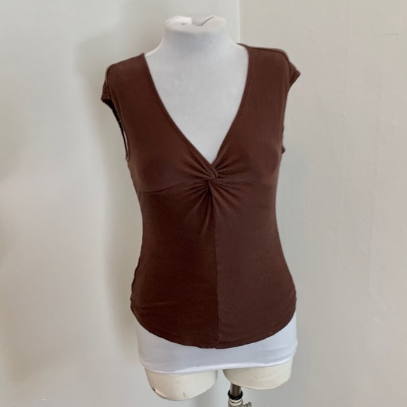 VTG Lipsy chocolate Brown Y2k 2000s Soft Cap Sleeve Top Twist Front sexy thin - Picture 1 of 11